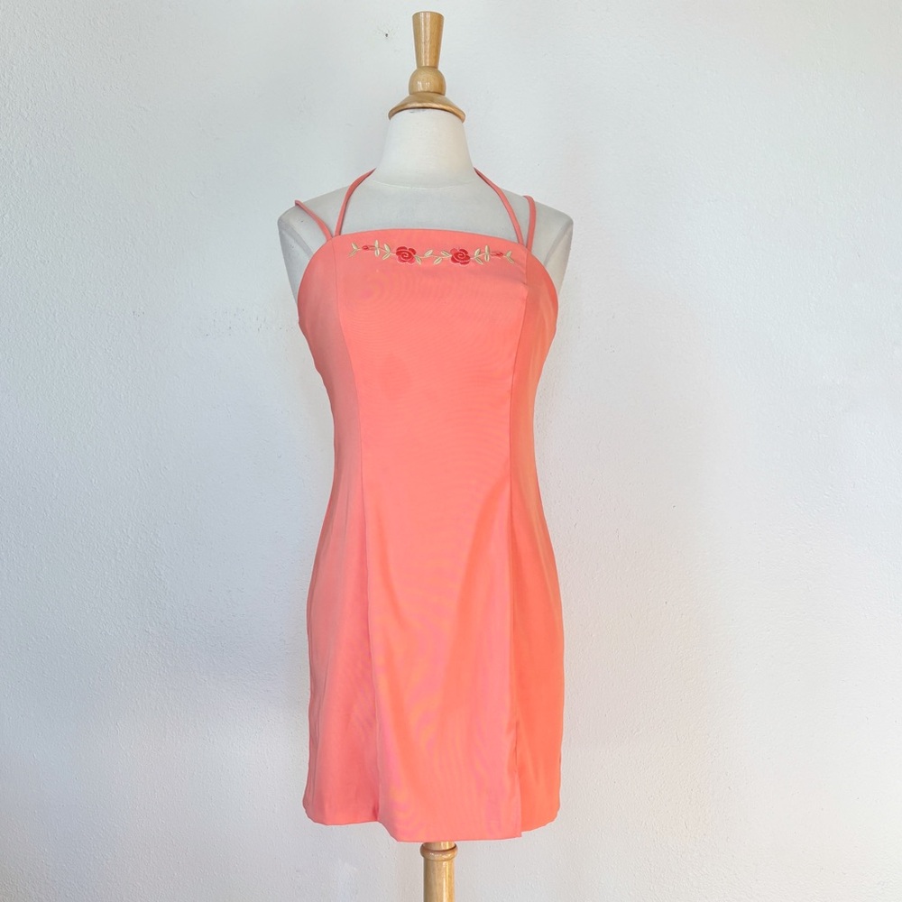 Vintage 90s Salmon Pink Fitted Floral Mini Dress